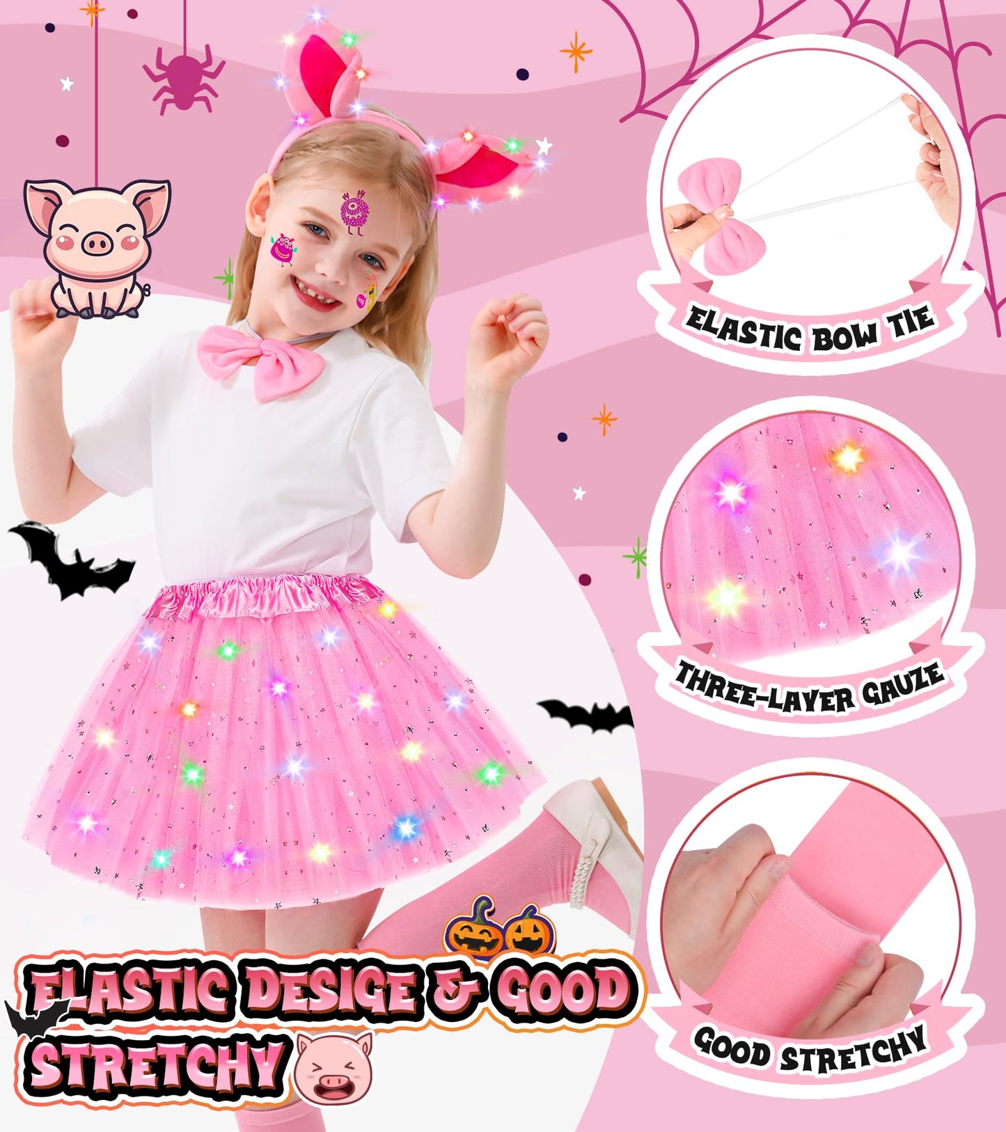 Teuevayl Pig Costume for Girls, Kids Pink Pig Costume with LED Light Up Tutu Skirt, Halloween Costumes for Girl Kid Age 3 4 5 6