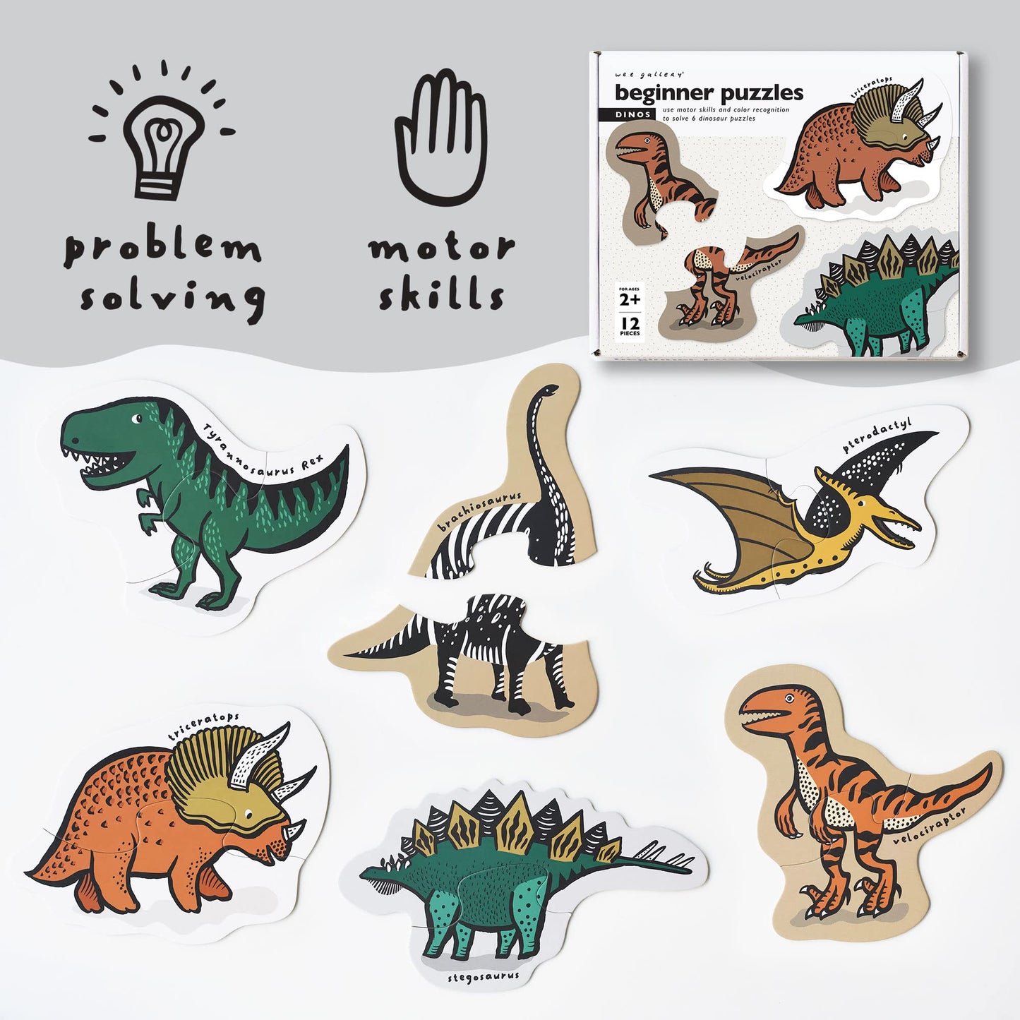 Wee Gallery Dinos Beginner Puzzle - Jigsaw Puzzles For Toddlers - Sensory Toys Promoting Cognitive & Motor Development - Sustainable Learning Toys For Toddler, Kids (12 Pieces, 6 Puzzles)
