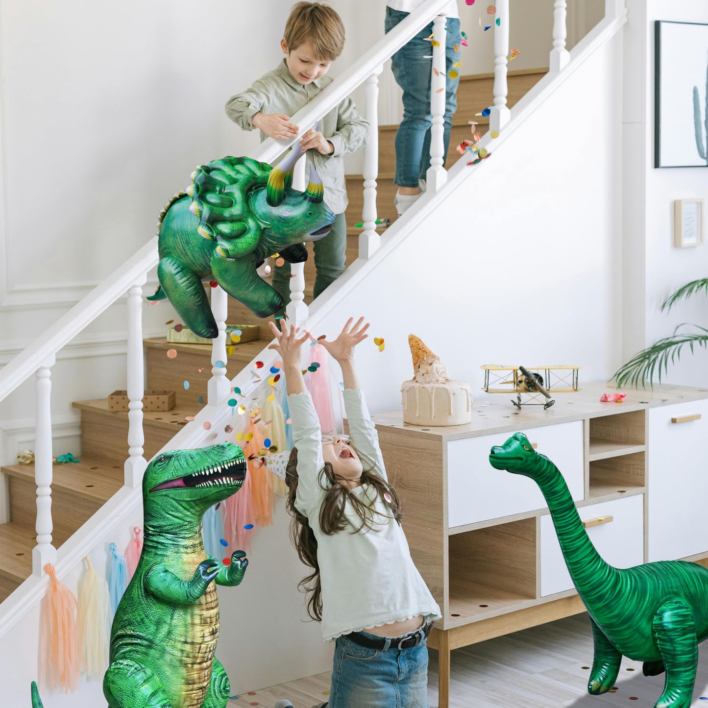 Jet Creations Inflatable Dinosaur 3-Pack - T-Rex 43 , Brachiosaurus 48 , Triceratops 43 - Prehistoric Blow-Up Toys For Kids, Pa