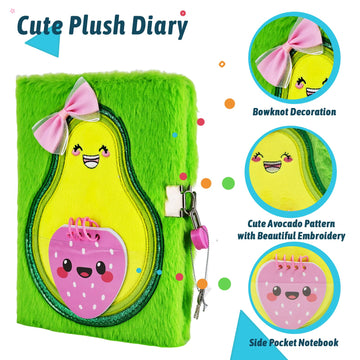 Superstyle Avocado Diary With Lock, Gift For 6 7 8 Years Old Boys Girls, Fuzzy Notebook Cute Avocado Diary Secret Writing Plush Journal Christmas Day Birthday Gift For Kids