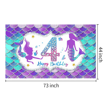 Mermaid 4Th Birthday Banner Decorations For Girls, Little Mermaid Themed Happy 4 Year Old Birthday Background Party Supplies, Un