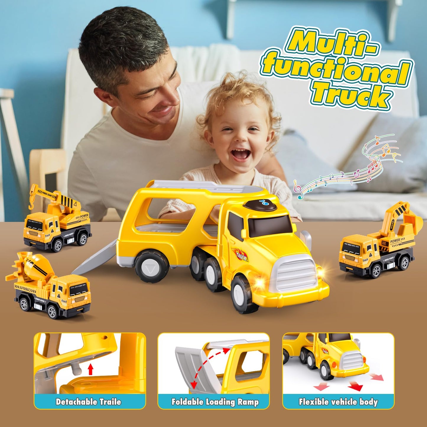 Snapglowz Remote Control Car For Toddlers 2 3 4 5 6, Construction Trucks Cars Toys Toddler 2-6 Year Old Boy Toys Carrier Toys To