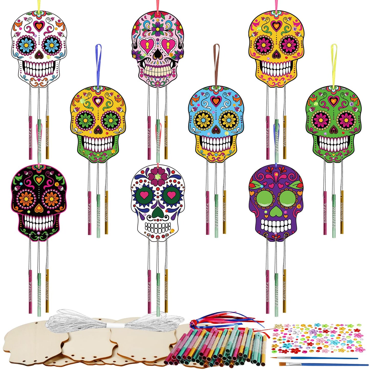 Fennoral 9 Pack Skull Wind Chime Kit For Kids Make You Own Day Of The Dead Wind Chime Hanging Ornaments Diy Coloring Wooden Hall