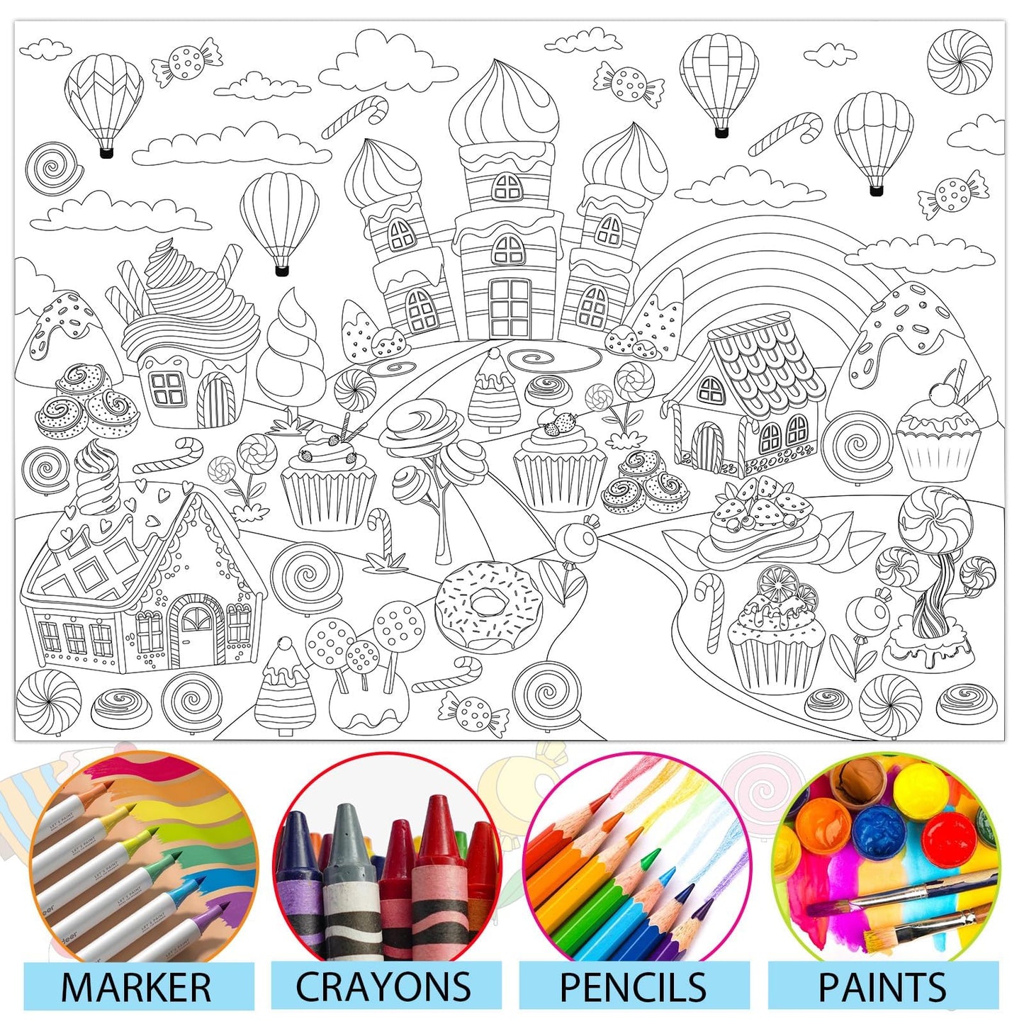 Naozinebi Candyland Coloring Poster For Kids Giant Coloring Poster Large Cartoon Rainbow Lollipop Coloring Tablecloth Jumbo Colo