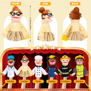 Civaner 6 Pcs Hand Puppet Set 11.8 Inch Plush Hand Puppets With Movable Mouth For Storytelling, Teaching, Preschool Education, R