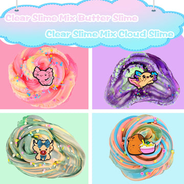 Wujyly 24 Pack Slime Kit - Soft & Non-Sticky Butter, Cloud & Crystal Slime - 12 Axolotl, 6 Highland Cow, 6 Capybara Charms - Diy
