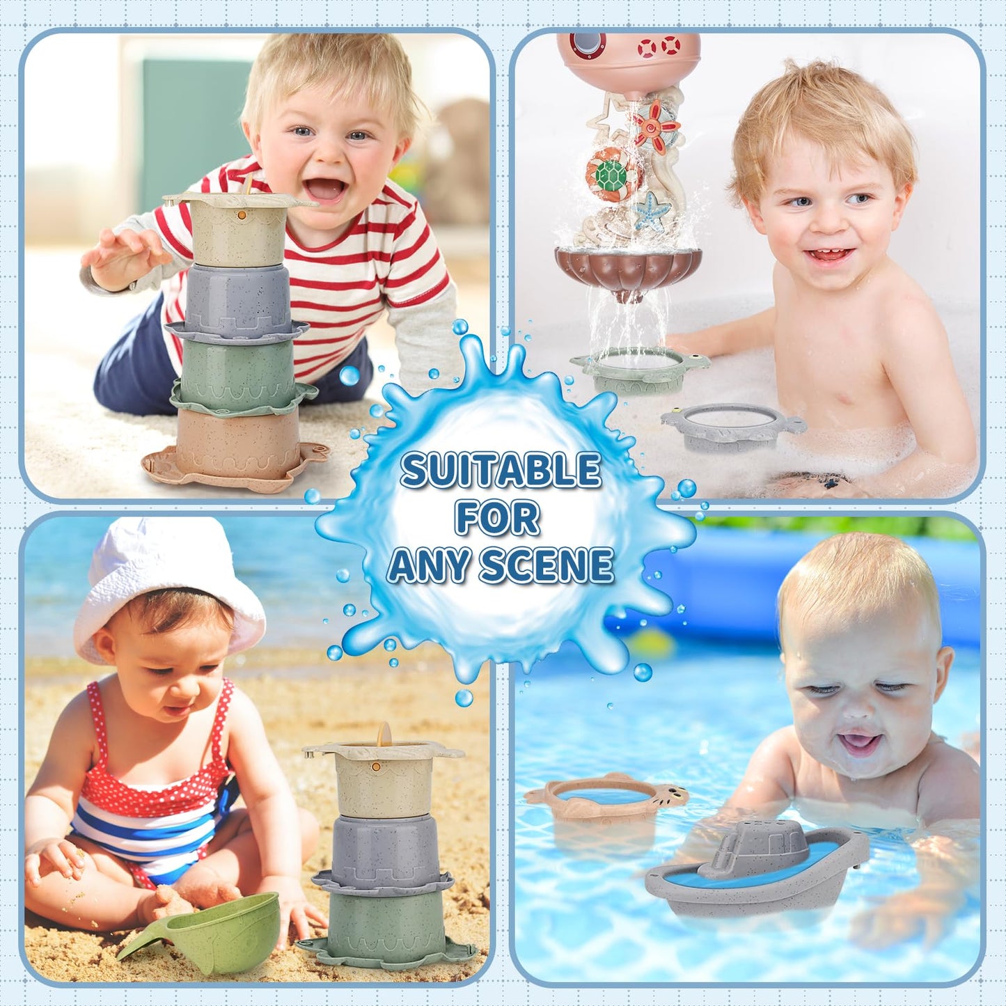 Lzzapj Baby Bath Toys For Toddlers 1-3 Year Old, Bathtub Water Toys For Kids Age 2-4, Contains 4 Stacking Cups, 2 Boats 2 Whale-Shaped Spoons, Gift For Infants Boys Girls 6-12 Months