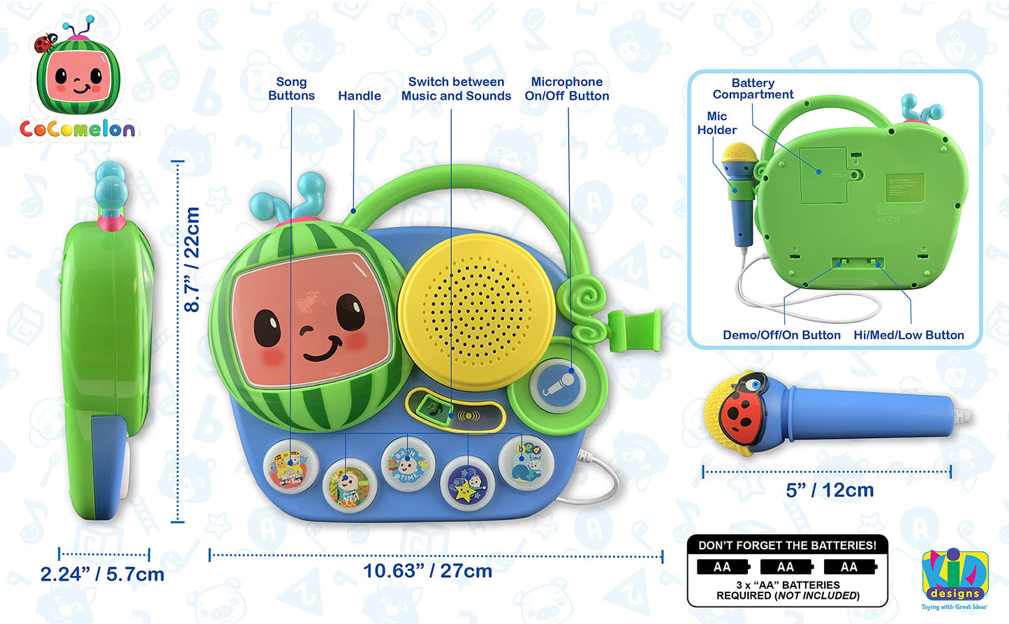 Ekids Cocomelon Toy Singalong Boombox With Microphone For Toddlers And Young Children, Built-In Music And Flashing Lights, For Fans Of Cocomelon Toys And Gifts