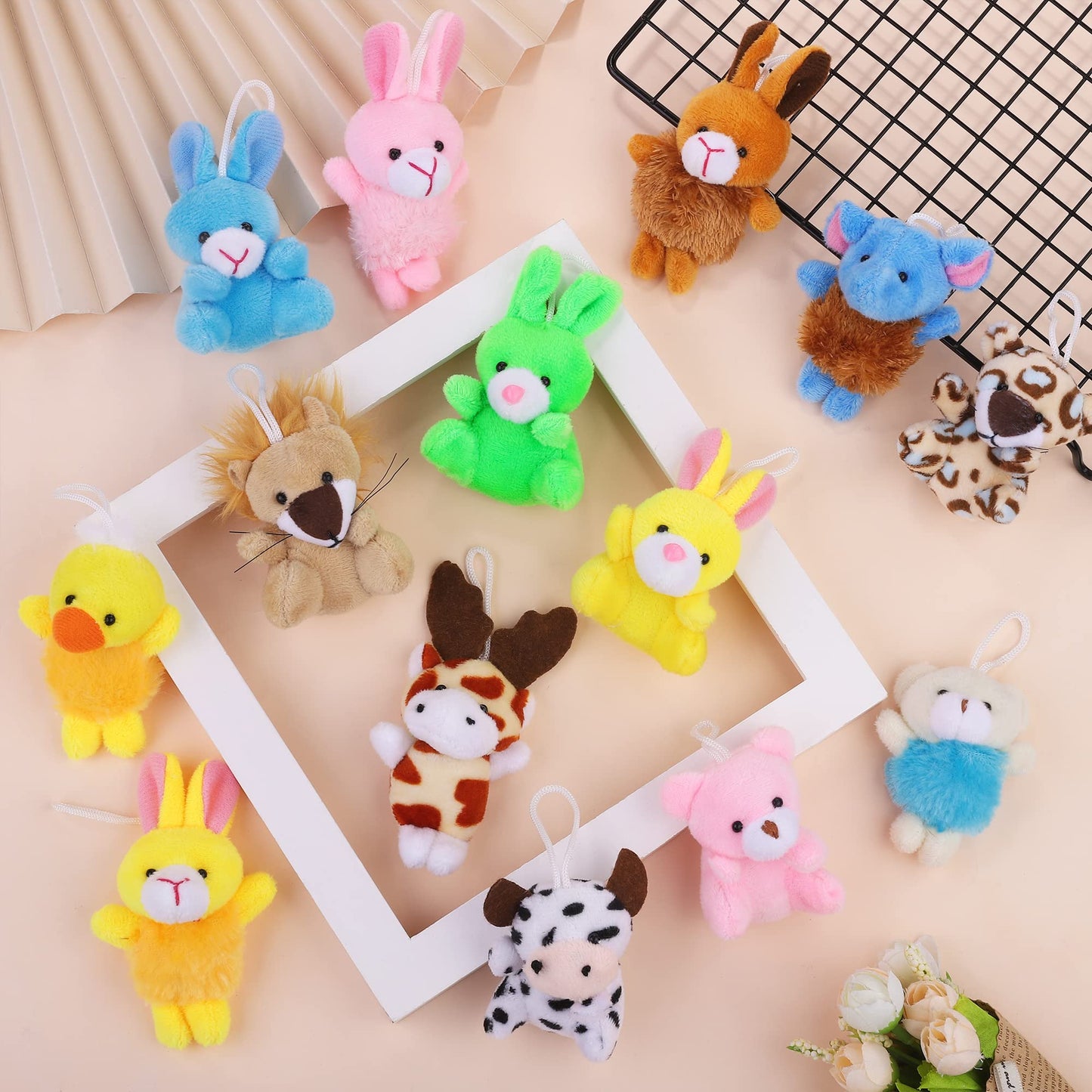 Fovths 64 Pieces Mini Plush Animals Toys Set Cute Small Stuffed Animal Keychain Jungle Animal Decor Goodie Bag Basket Fillers Fo
