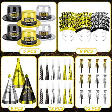 48PCS New Years Eve Party Supplies for 24 Guests - Happy New Year Headband, Gold Black Party Favors, Cone Hats, Horns, Blowouts