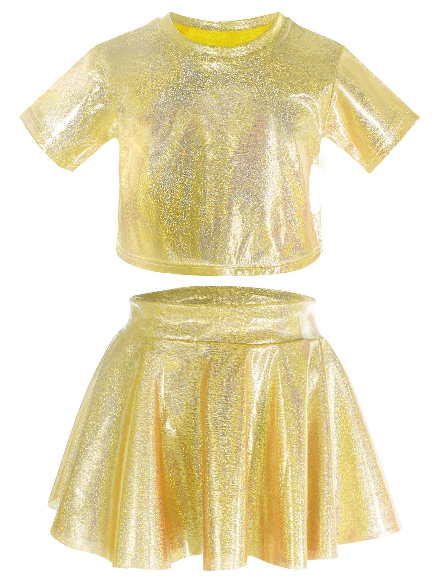 Happy Cherry 2Pcs Kids Girls Shiny Metallic Short Sleeve Crop Top With Pleated Skirt Set Dancewear Performance Costumes Gold 3-4