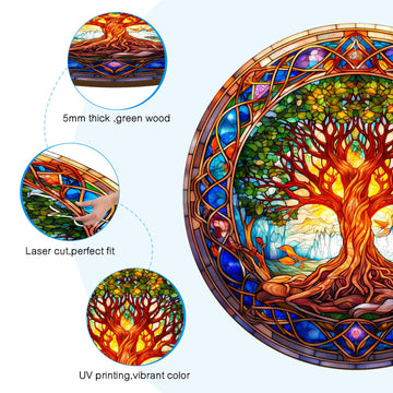 Aeekdook Wooden Puzzles for mature-themeds - Stained Glass Tree of Life Wooden Jigsaw Puzzle for mature-themeds - Unique 200-Piece Art Puzzle enhanced Brain Teaser & Decorative Gift (11.4x11.4)