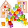 Woodtoe Wooden Building Blocks Set For Kids, 24 Pcs Rainbow Gem Cubes Stacking Blocks - 2 Wood House, Montessori Stacking Toy Fo