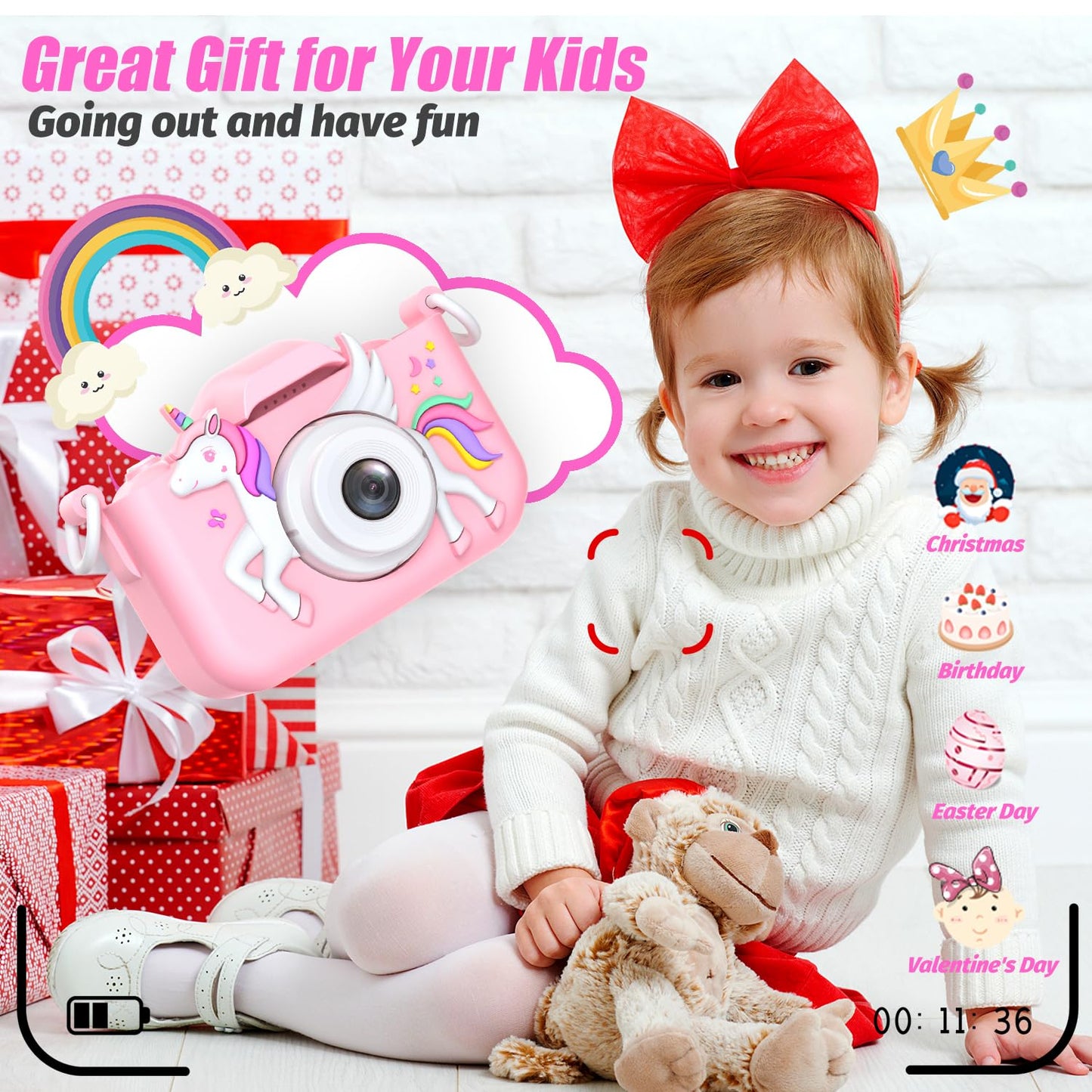 2024 Upgrade Kids Camera For Girls, Christmas Birthday Gifts For Girls Boys, 1080P Hd Selfie Digital Video Camera For Toddlers,