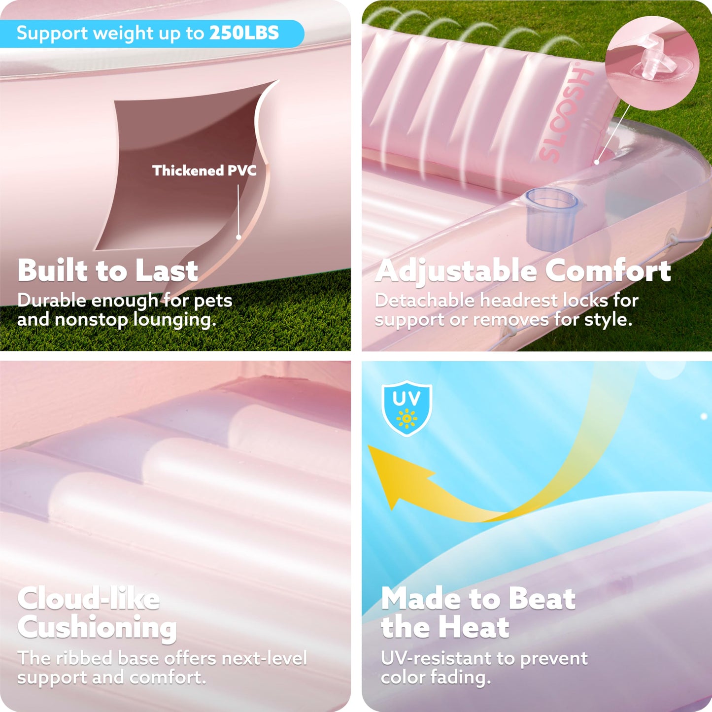 SLOOSH Inflatable Tanning Pool Lounger Float 70 x 46 Pool Floats mature-themed with Pillow 4 in 1 Suntan Tub Raft Floatie Sunbathing Bed Lounge for Water Blow Up Kids Ball Pit Party Gifts L-Cyan Pink
