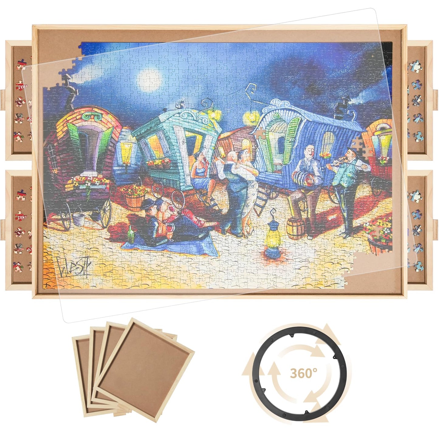 1000 Pieces Rotating Puzzle Board with 4 Drawers,30.16''x22.44'' Portable Wooden Jigsaw Puzzle Table with Lazy Susan Spinning Co