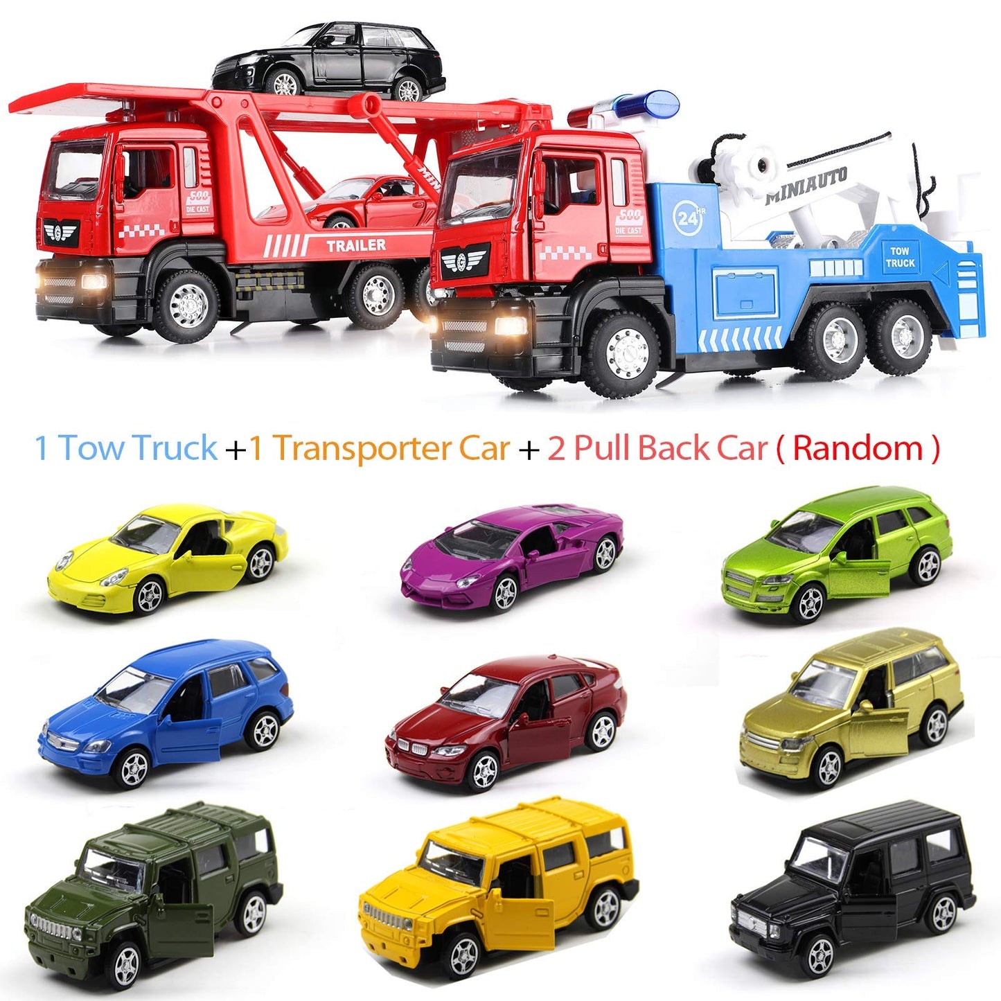 Winrayk 4Pcs Tow Truck Toys With Mini Toy Cars Set Pull Back Cars With Lights And Sound Trailer Transporter Vehicles Truck Toy,