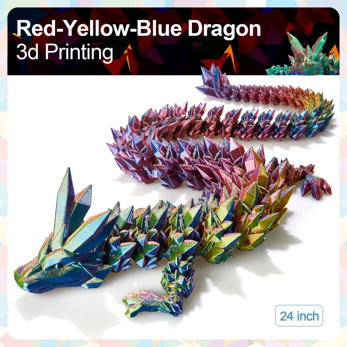 Meet Gladness 24 In 3D Printed Dragon, 24Inch Dragon,3D Dragon Toy,Large Dragon Present,Ariculated Crystal Dragon(Yellow Red Blu