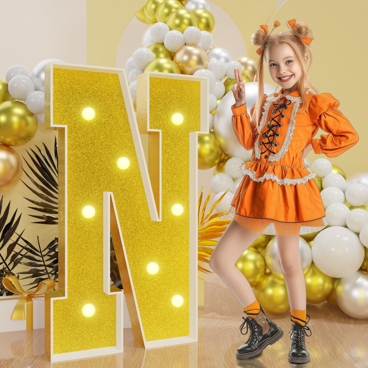 Imprsv Marquee Letters Gold 3Ft: Golden Party Decor - Light Up Letter N Large 3 Feet Tall - Party Decorations Letter For Birthda
