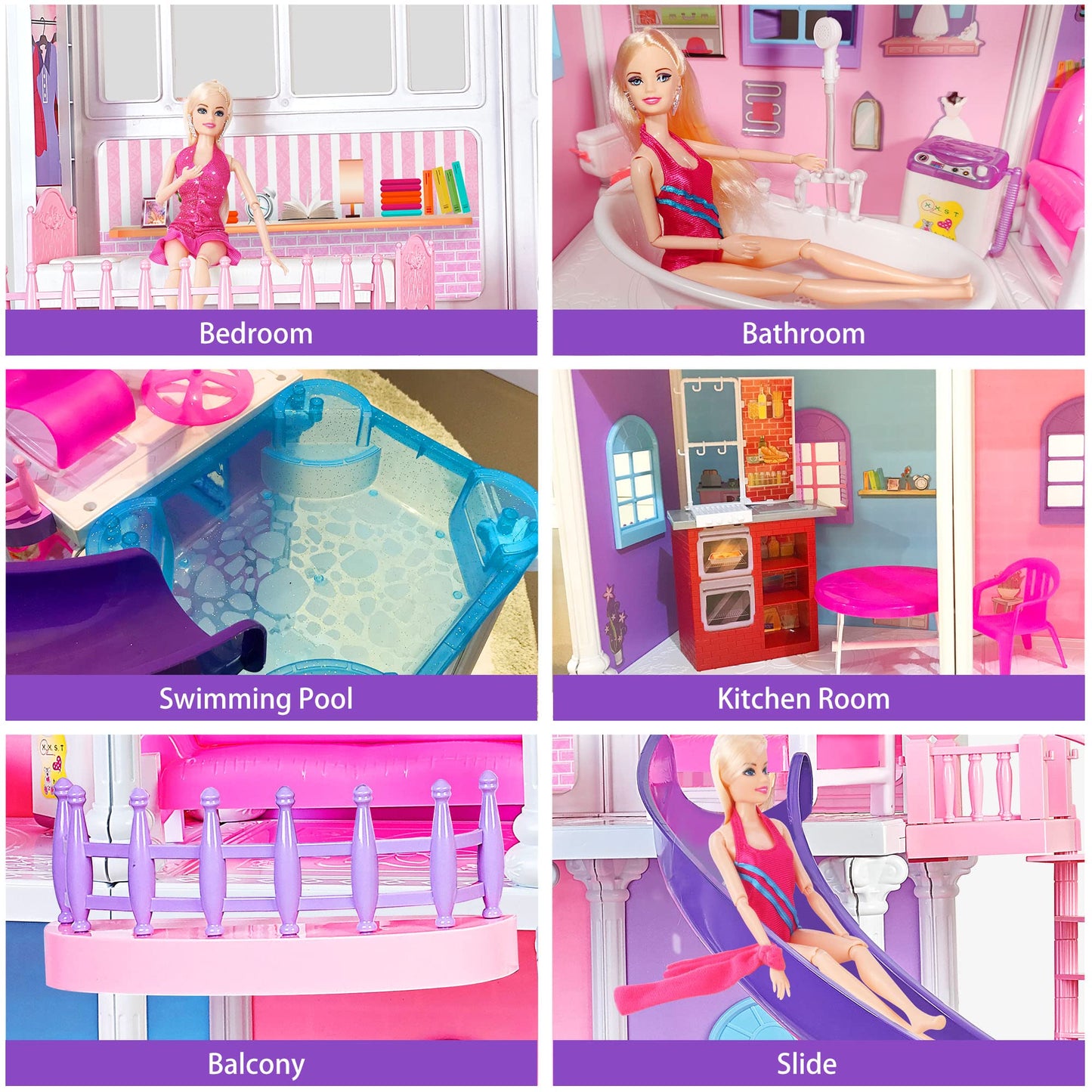 Bettina Large Plastic Dollhouse, 4 Ft Tall Dreaming Doll House With 15+ Furnitures & Accessories, 3-Story Playhouse Dolls House