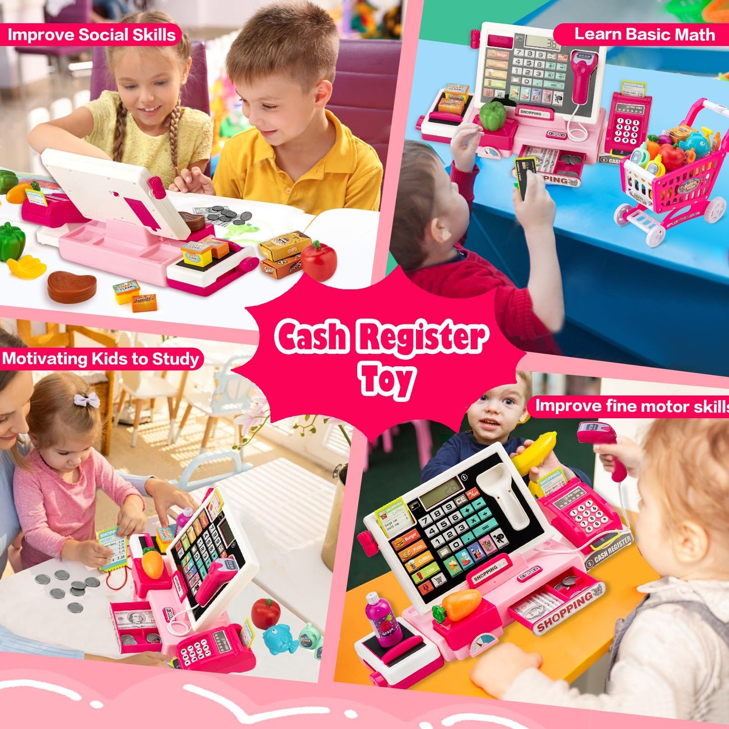 Kids Cash Register Toy with Shopping Cart Toddler Pretend Play Store Cashier Register for Kids with Music / Real Calculator / Sc