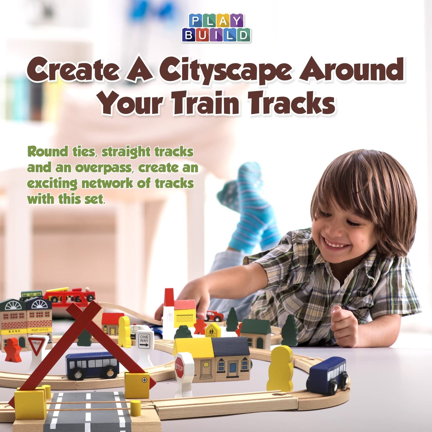 Play Build Wooden Train Set, Complete Toddler Train Set, Interactive Play & Learn Set, Creative Wooden Train Track Design, Premium Quality, Ages 3+ (100 Piece Set)