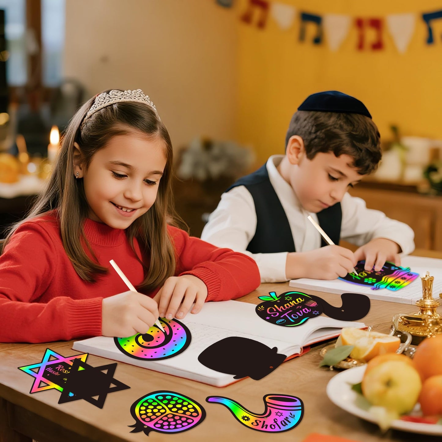 CY2SIDE 60PCS Rosh Hashanah Jewish New Year Scratch Card Gift Set for Kid, DIY Shana Tova Scratch Paper Art for Kids School Acti