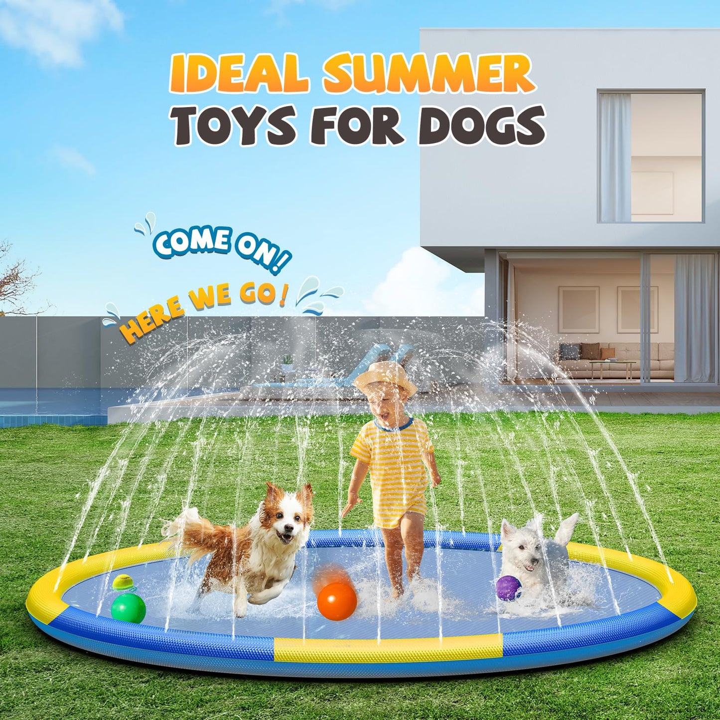 Splash Pad Sprinkler for Kids, 97'' Extra Large Non-Slip Baby Play Mat - 3 Colors, Dog Pool Toys, Toddler Outdoor Toys for Ages