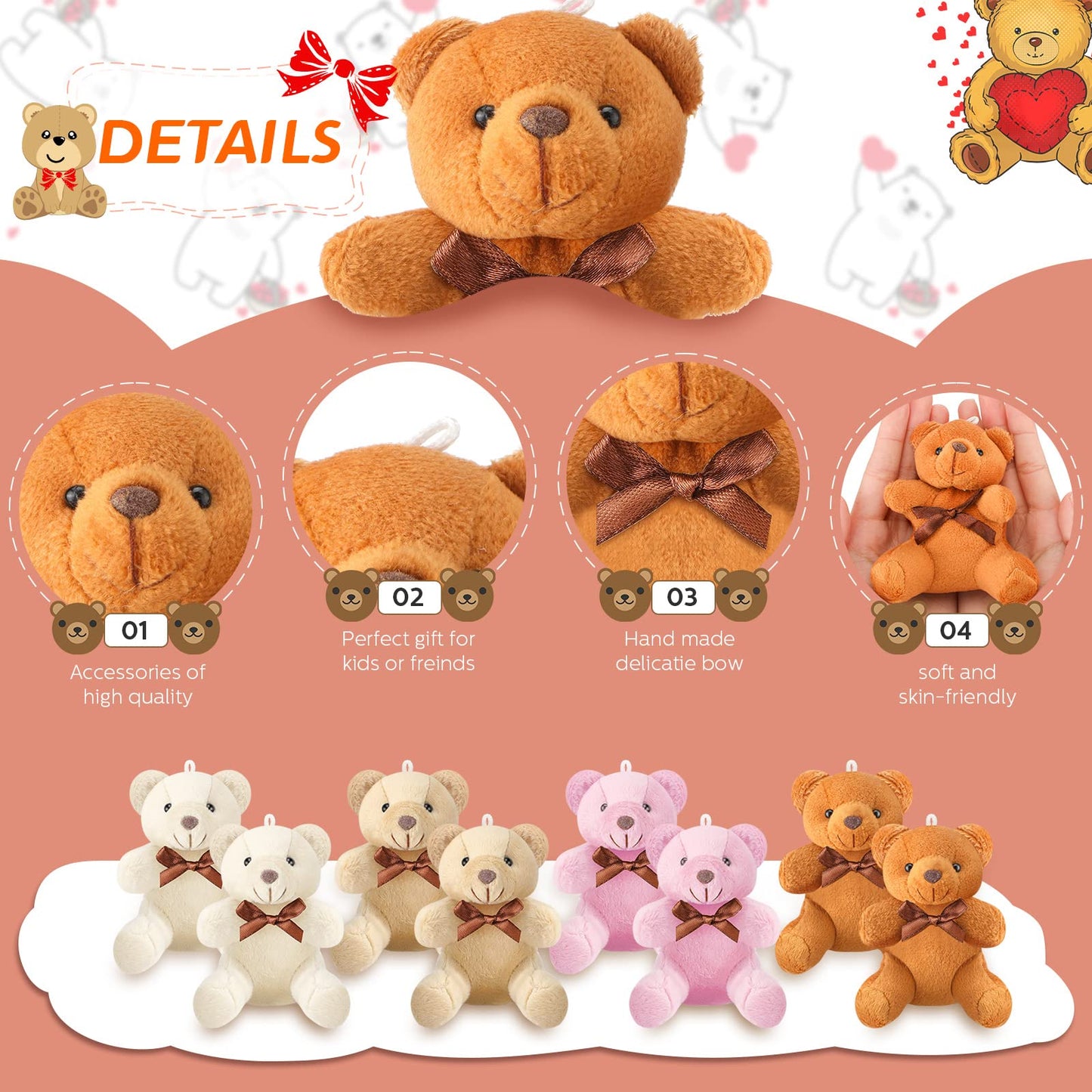 Skylety 16 Pcs Mini Bear Stuffed Animal 4 Inch Bear Bulk Keychain For Valentines Day Birthday Party Favor(Simple Style)