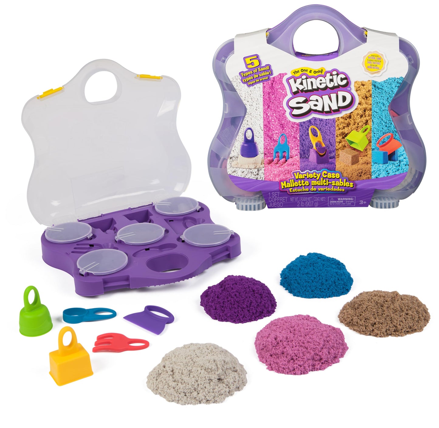 Kinetic Sand, Variety Case with Beach, Neon & Shimmer Play Sand (2lbs) & 5 Tools, Storage, Sensory Toys for Kids, Back to School