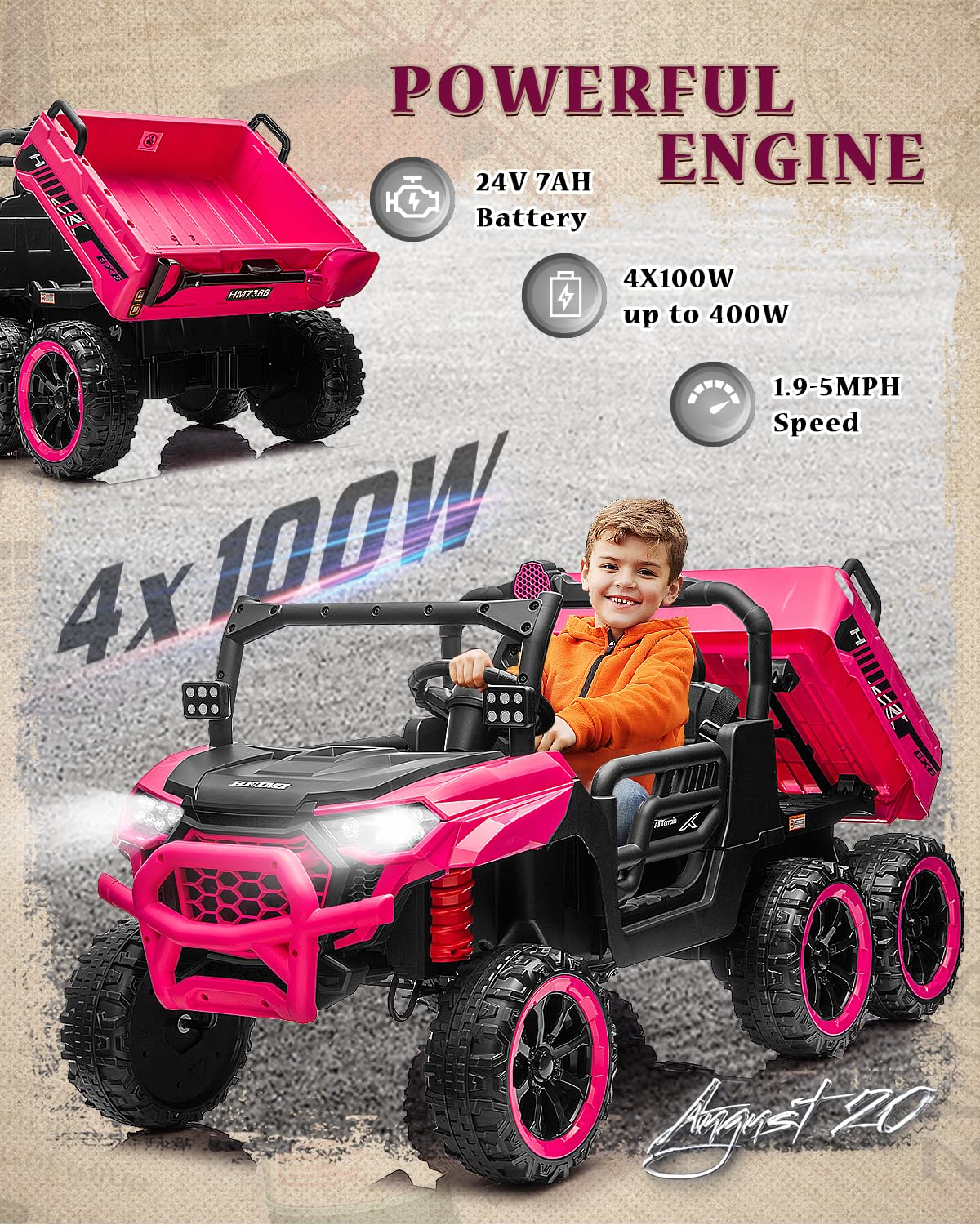 Letsgoride 24V Ride On Dump Truck, Kids Two Seater Battery Powered Truck Car W/Parent Remote Control, Electric Dump Bed, Shovel,
