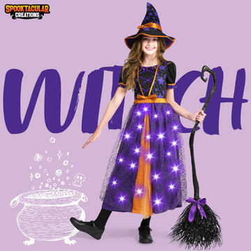 Spooktacular Creations Light Up Purple Witch Costume With Broom For Toddler Girls, Fairy Tale Witch Halloween Costume Dress Up (Small (5-7 Yr))