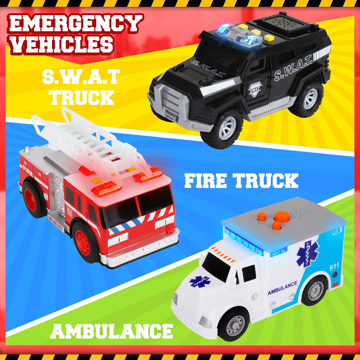 Playkidiz Toy Cars For Toddlers - 6Pcs Pull Back Cars Toys With Light And Sounds, City And Emergency Vehicles Set, Including Pol