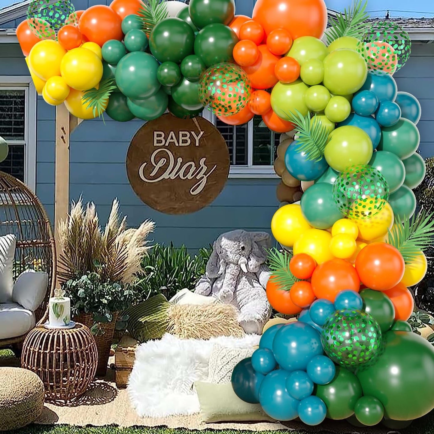 Gresatek Jungle Themed Balloon Garland Arch Kit, Sage Green Orange Yellow Olive Balloons Decorations For Boys Girls Birthday Bab