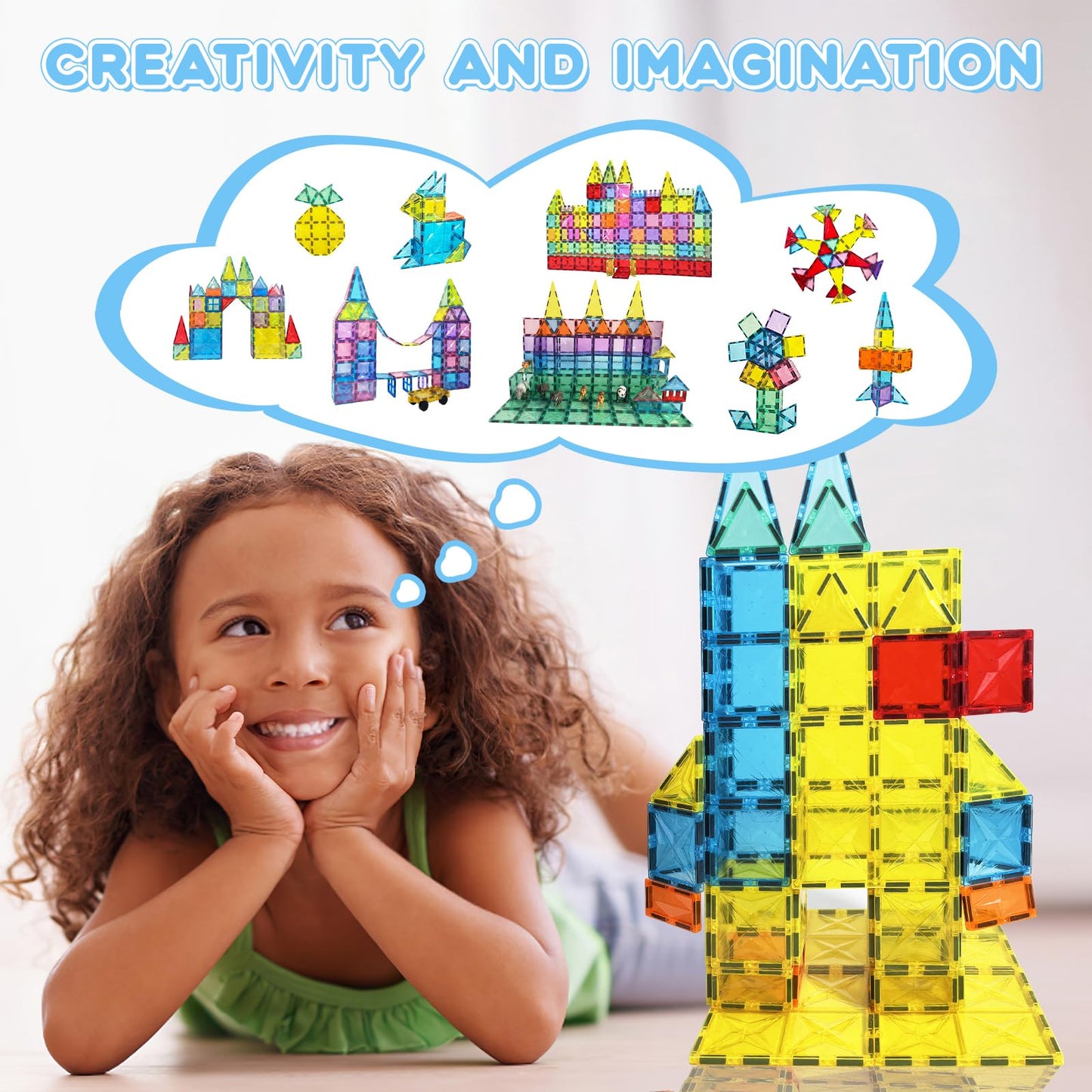 Paaxido Magnetic Tiles, 100PCS Magnetic Blocks Set, 4D Diamond Magnet Building Blocks, STEM Preschool Educational Magnet Toys Gi