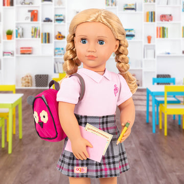 Our Generation Hally Doll – Soft 18-Inch Fashion Doll With Holiday Clothing Accessories – Unique Grey-Blue Eyes And Curly Blonde Hair