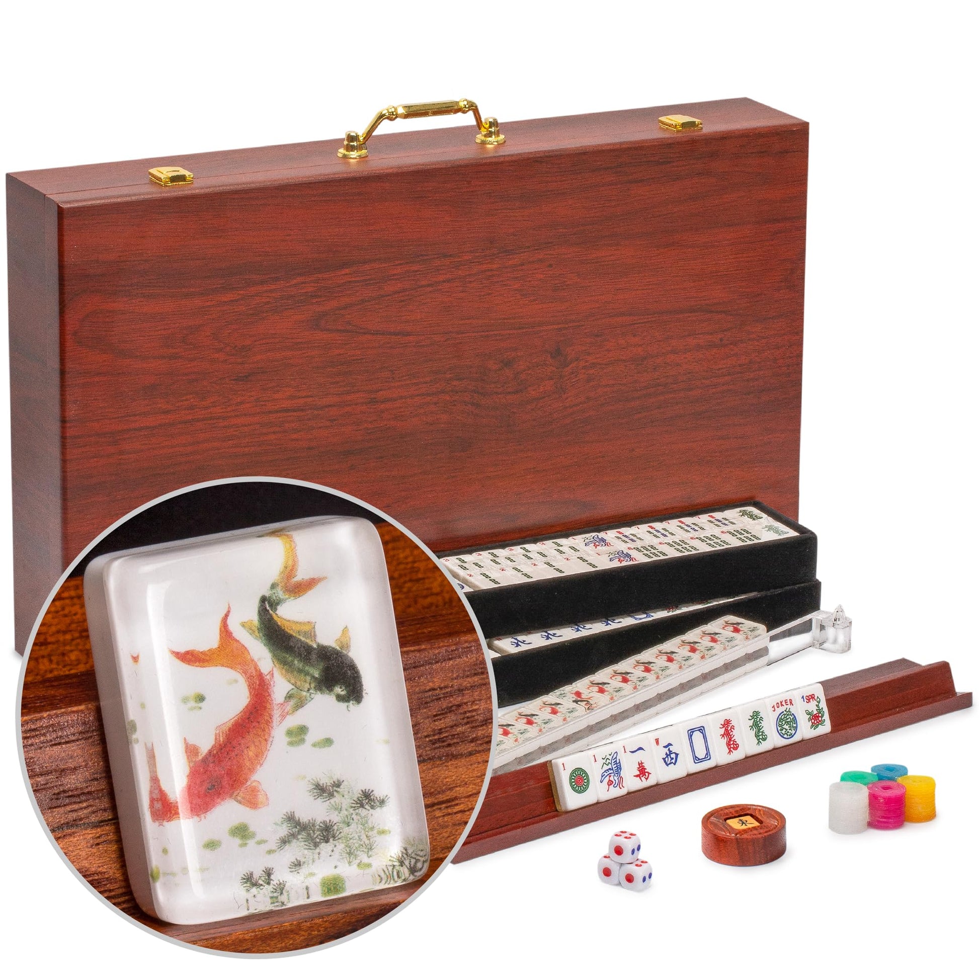 Yellow Mountain Imports American Mahjong Set, Koi Fish With Wooden Case - Four Wooden Racks, Acrylic Pushers, Wright Patterson S