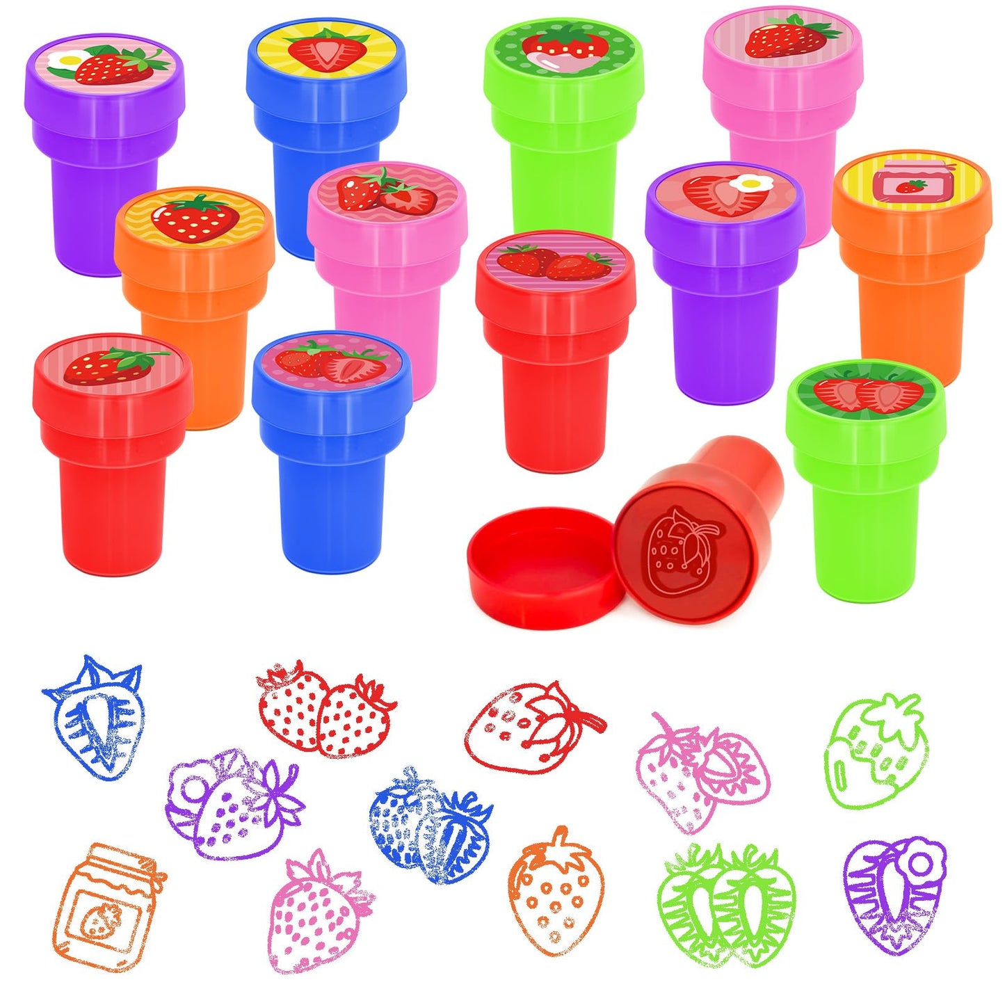 Cinrobiye 24 Pcs Strawberry Stampers for Kids, Cute Fruit Party Favors, Pink Stamps for Birthday Party Supplies, Carnival Prizes