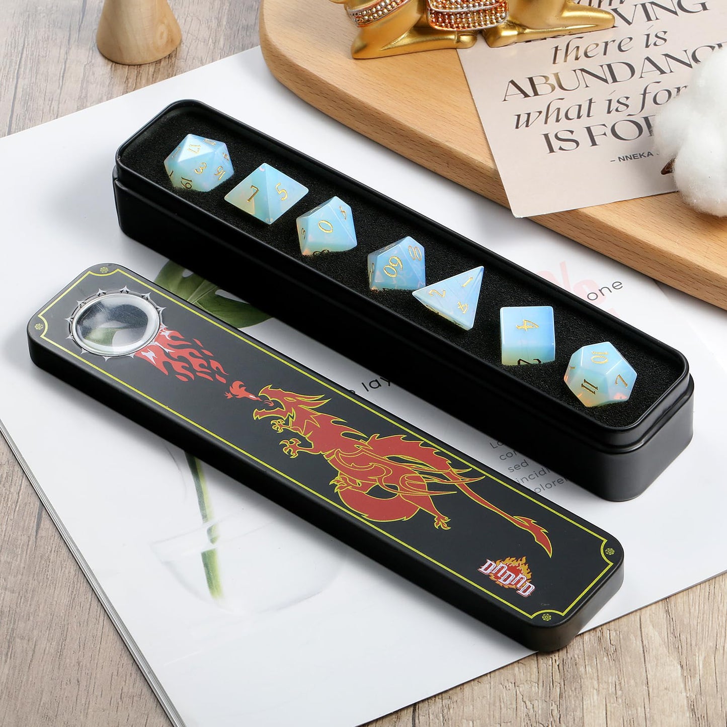 DNDND Opal Stone DND Dice Set 7PCS Gemstone D&D Die with Grogeous Gift Case for D&D Tabletop Game (Opal)