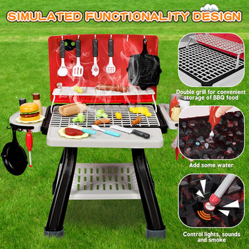 Bstoyder Kids Play Kitchen Toys, Kids BBQ Grill Kitchen Playset with Smoke, Sound & Light, Pretend Play Food Toys Cooking Set, 2