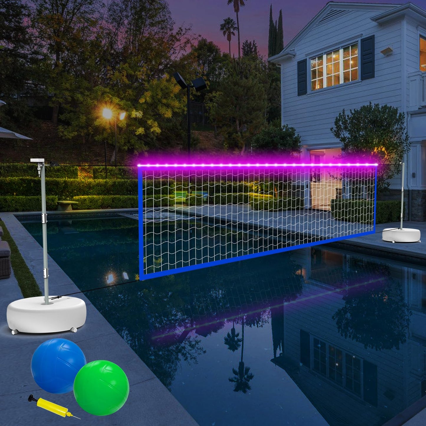 Pool Volleyball Net Set With Solar Colorful Lights, Portable Outdoor Led Light Up Volleyball Net For Pool 15Ft-32Ft Adjustable L