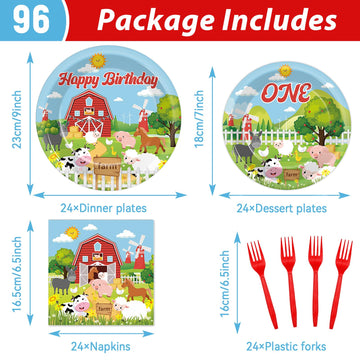 Gisgfim 96Pcs Farm Animals Theme Birthday Party Supplies Barnyard 1St Birthday Paper Plates Napkins Cow One Farmhouse Birthday T