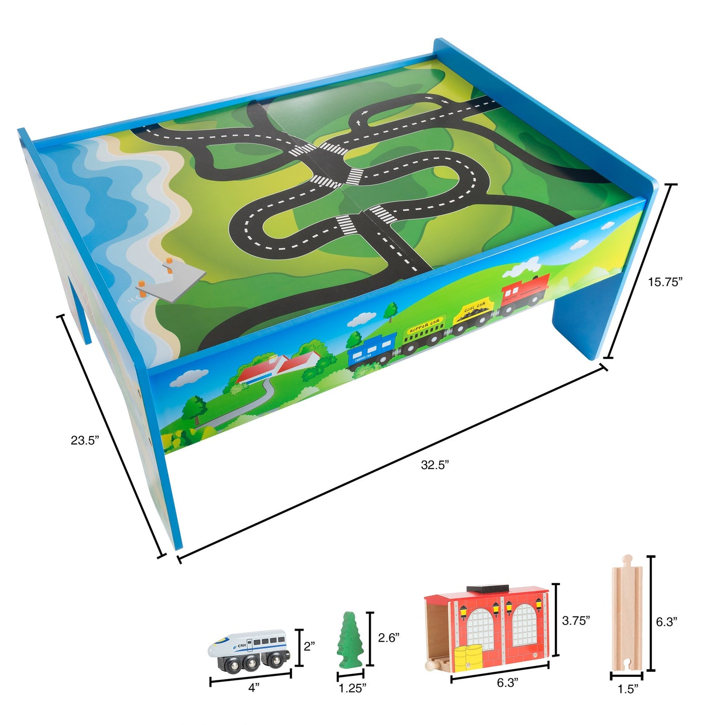 Wooden Train Set Table For Kids, Deluxe Had Painted With Tracks, Cars, Boats, And Accessories For Boys And Girls By Hey! Play!