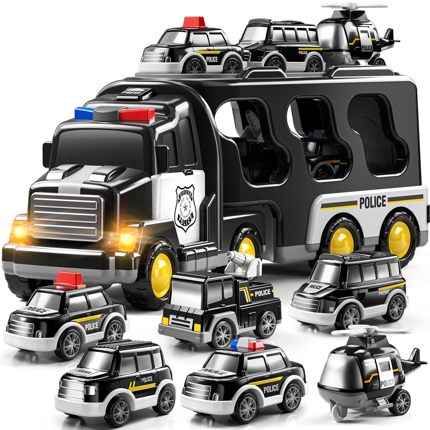 JUKUDAHU Police Truck Toy for 3 4 5 6 Years Old Boys - Carrier Vehicle Toy Set with 5 Toy Cars and 1 Helicopter, Kids Firction P