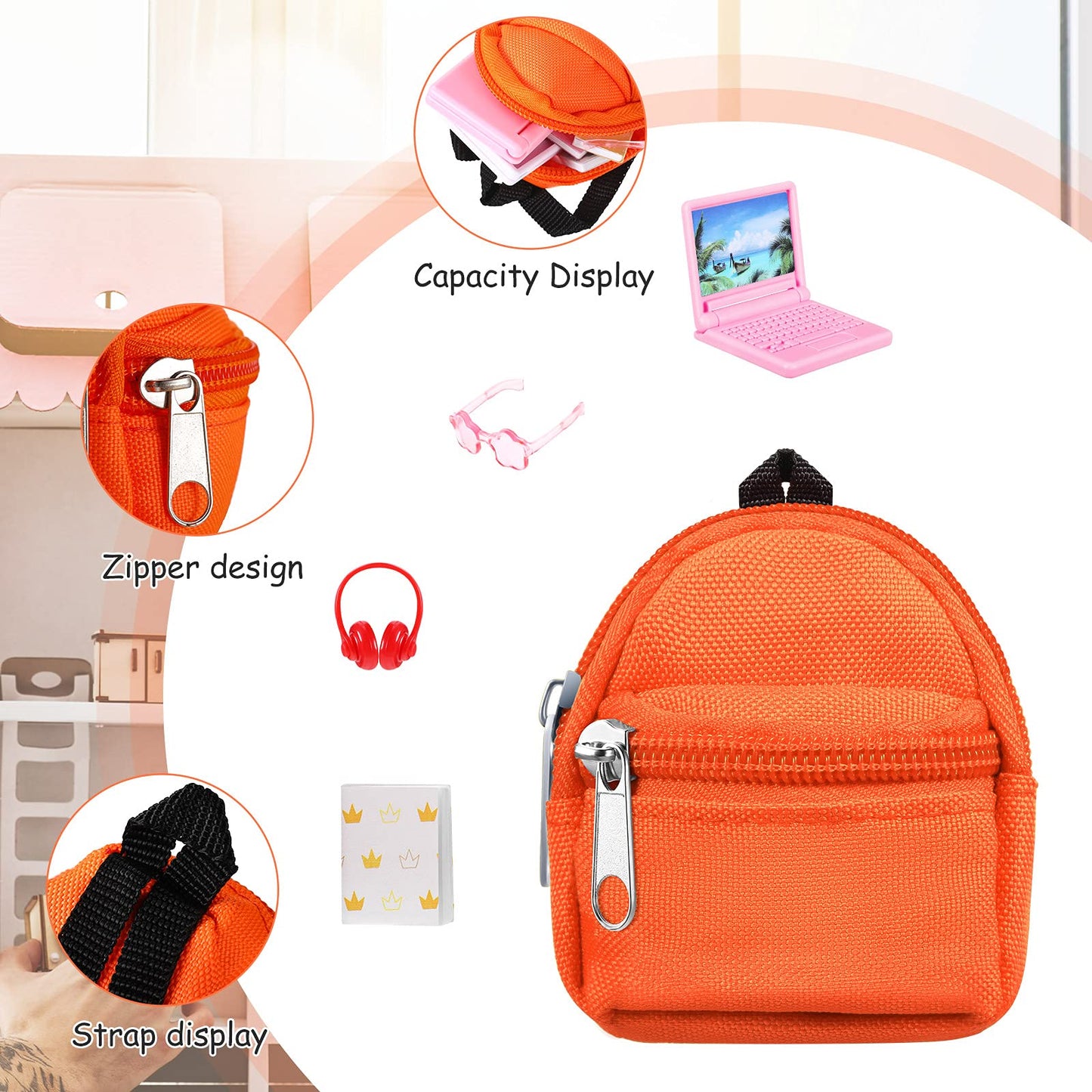 20 Pieces Mini Backpack For Dolls Dollhouse Accessories Include Tiny Micro Backpack With Zipper Laptop Books Headsets Sunglasses Cute School Scene Simulation Toys For 1/12 1/6 Scale(Elegant Style)