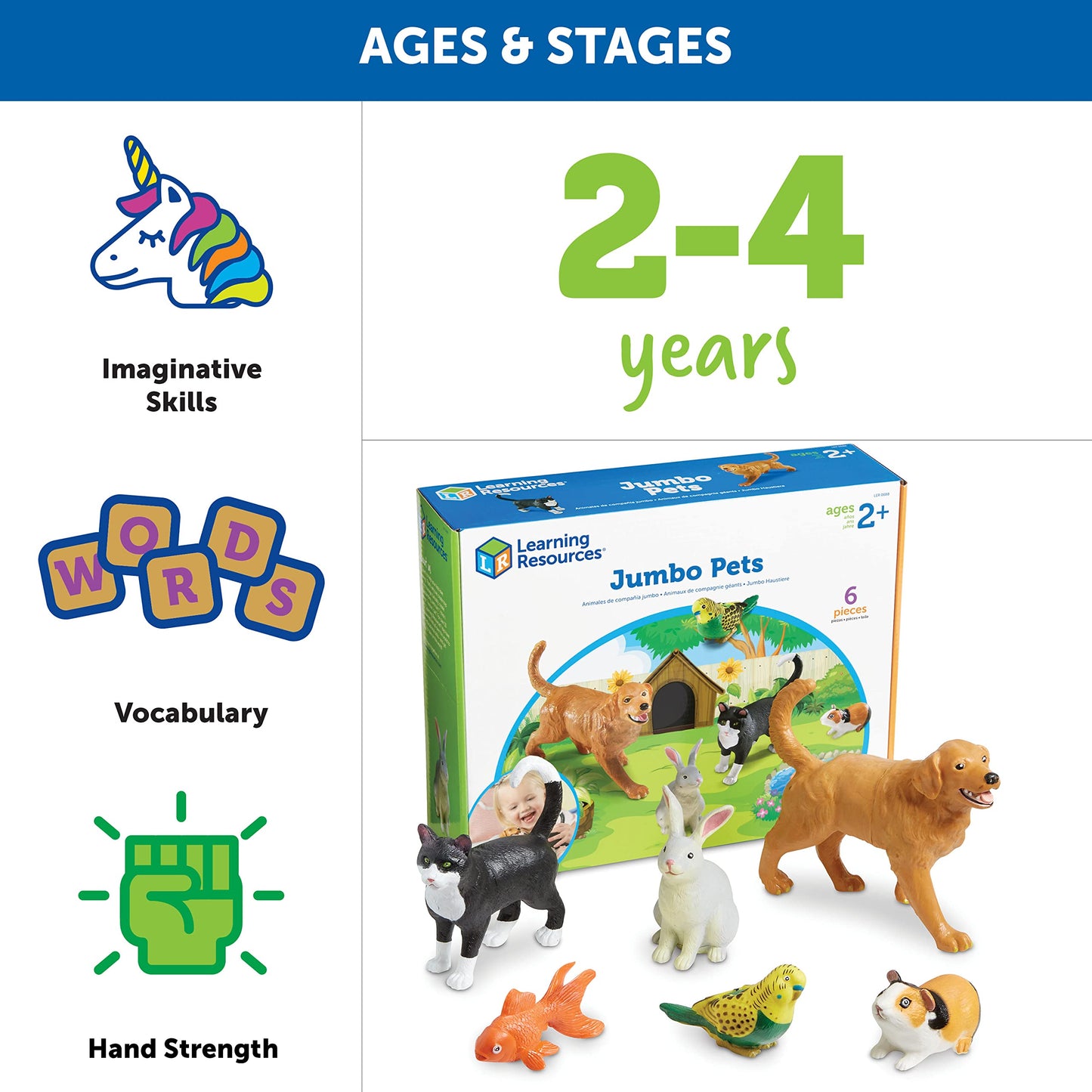 Learning Resources Jumbo Domestic Pets Set - 6 Multi-color Plastic Toys, Ages 2+, Model LER0688, Ideal for Preschool Learning