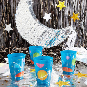 Blue Panda Plastic Party Cups 16 Pack - Outer Space Reusable Tumblers - 16 Oz