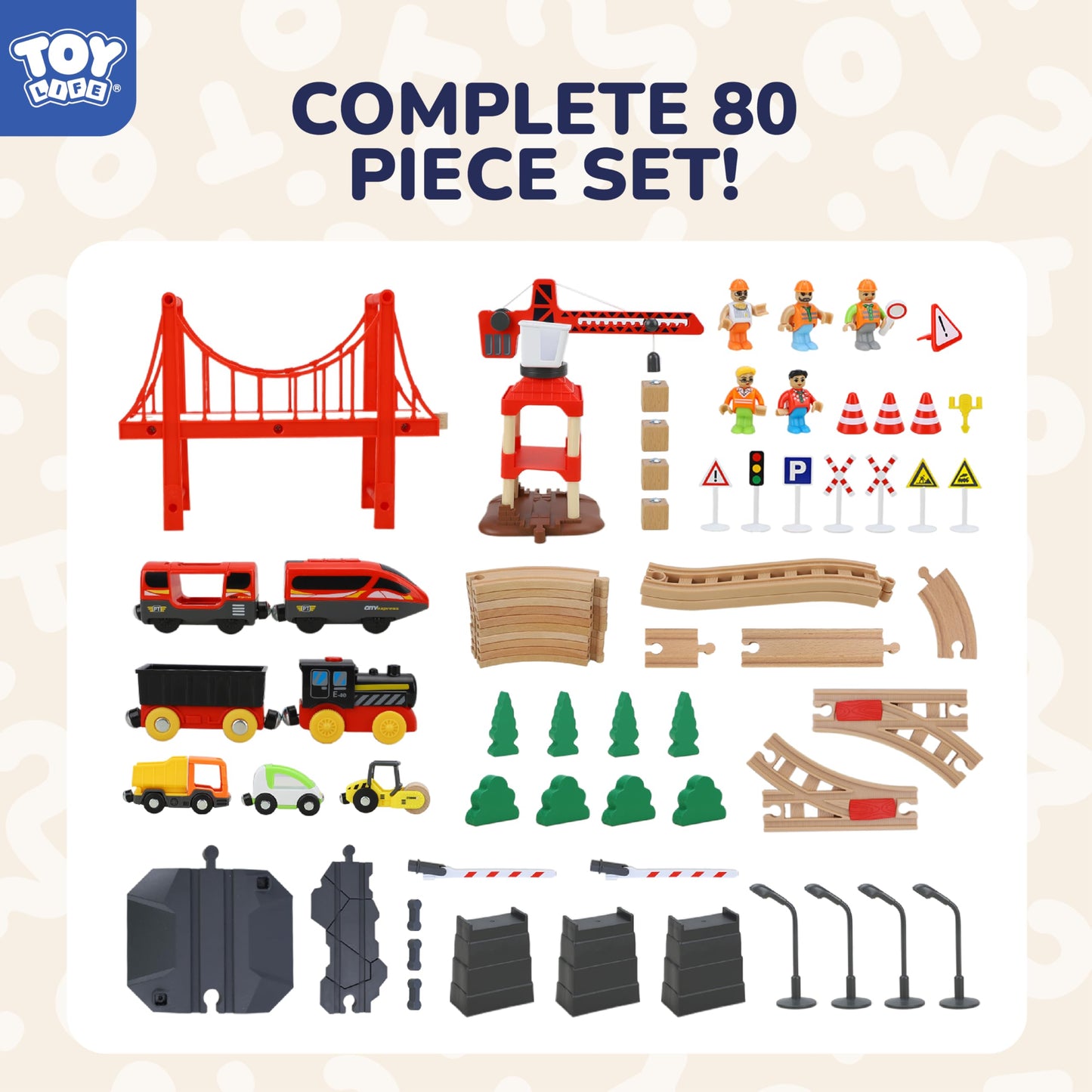Toy Life Train Set 80Pcs Train Toys With Crane & Locomotive Train, Train Set For Kids 4-8, Wooden Train Tracks Toy Train Set For Toddlers 3 4 5, Kids Train Set Gift Toy Fits Thomas, Brio Tracks