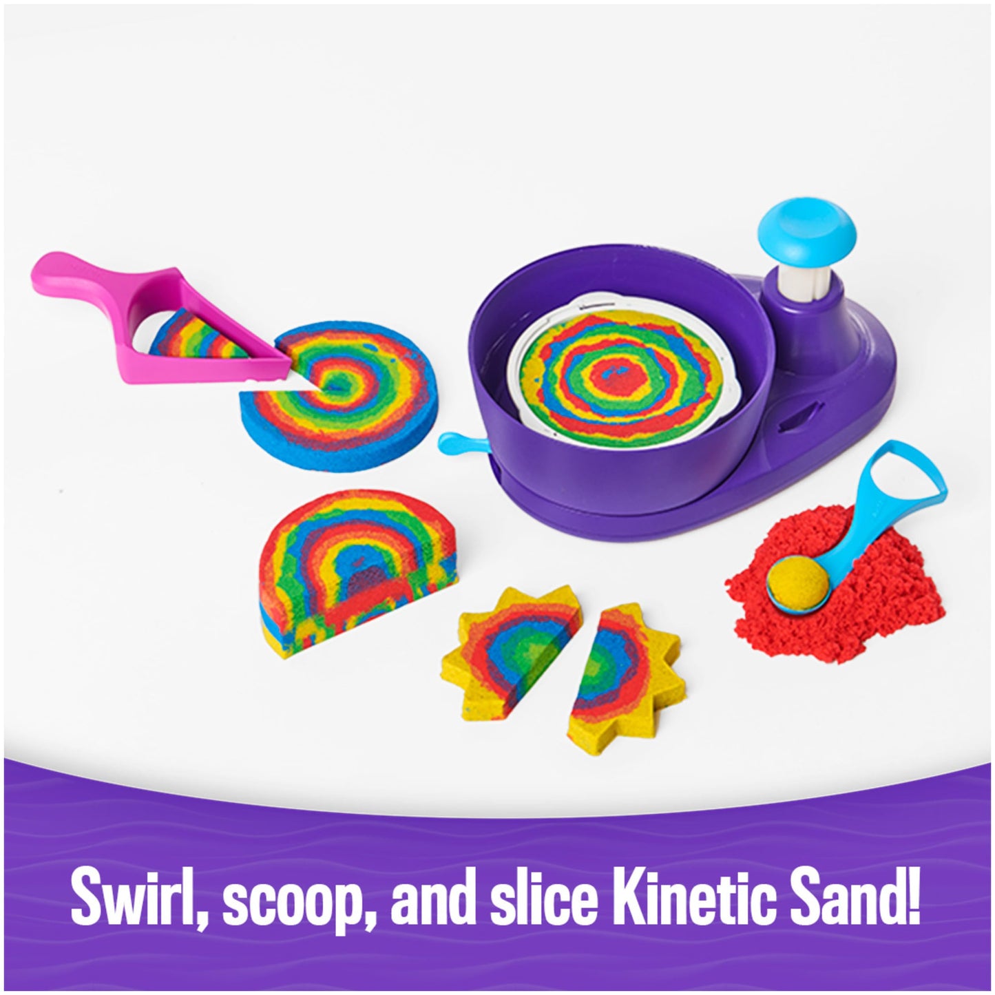 Kinetic Sand, Swirl N Surprise Playset with 2lbs of Play Sand, Including Red, Blue, Green, Yellow and 4 Tools, Sensory Toys for