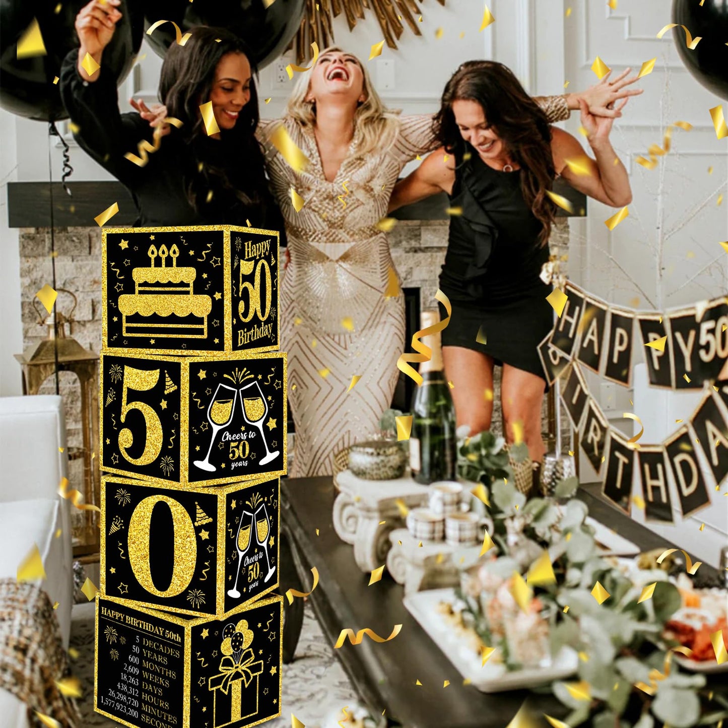 Toniful 4 Pcs 50Th Birthday Decorations Boxes For Men Women,Fifty Years Old Birthday Cardboard Box Party Supplies,Black And Gold